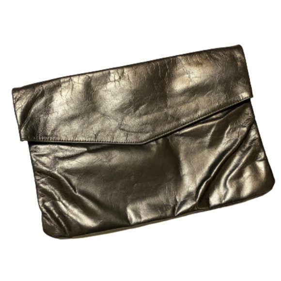 Vintage 80s 90s Pewter Silver Leather Clutch - Picture 1 of 9